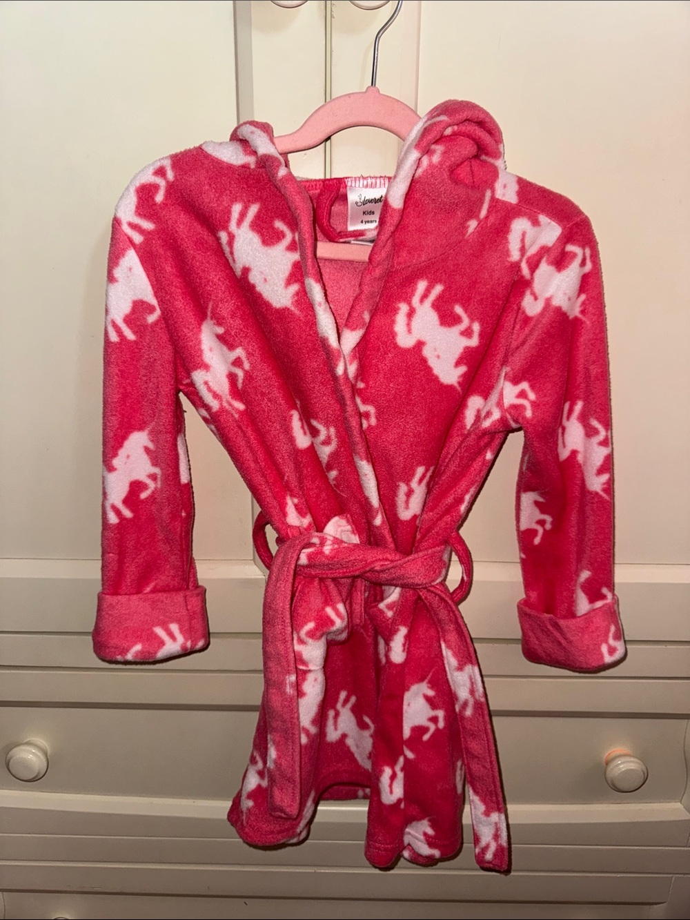 Kids Plush Hooded Robe with Unicorn Print - Hot Pink